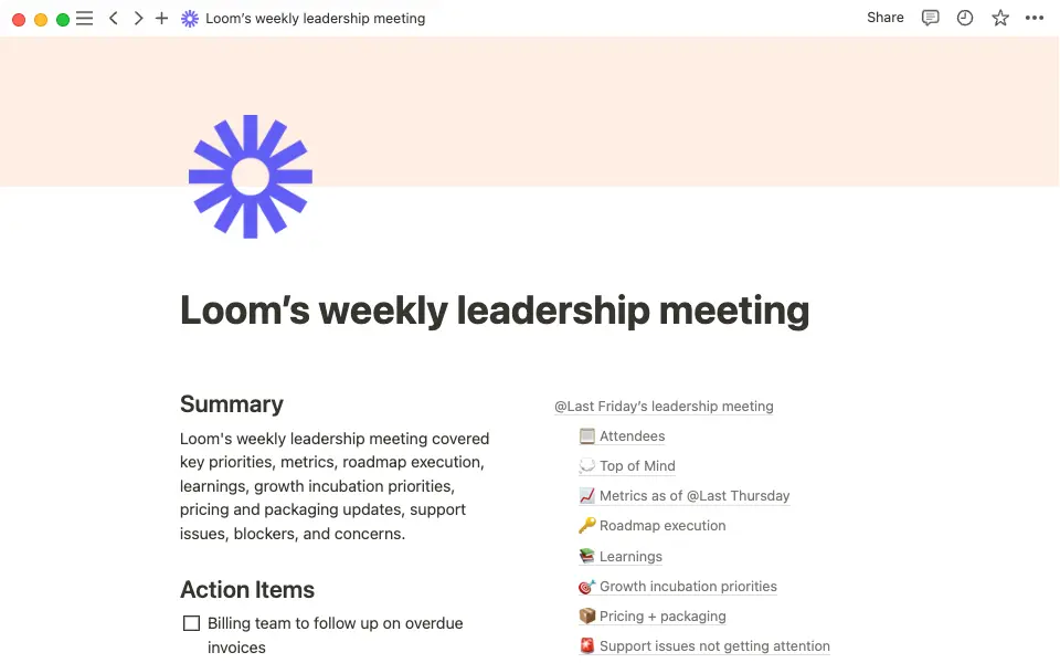 Loom uses a template to run leadership meetings aync.