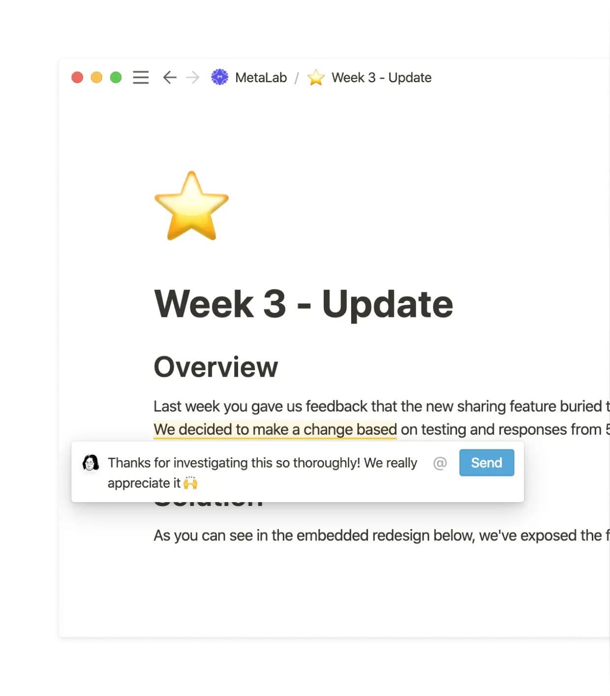 Weekly updates are shared with clients as Notion pages.