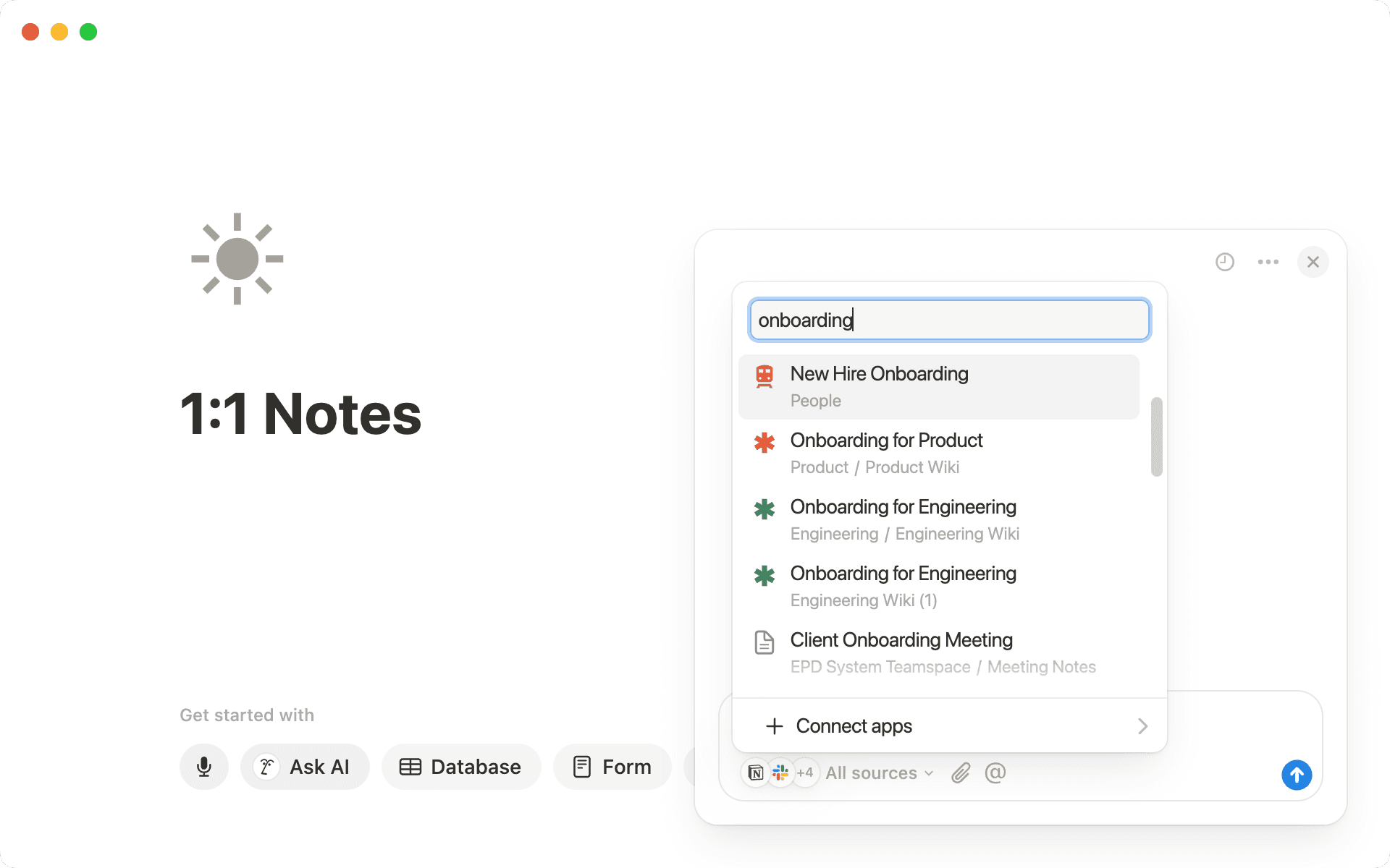 Use the source picker to select specific documents so Notion AI can surface answers based on their context.