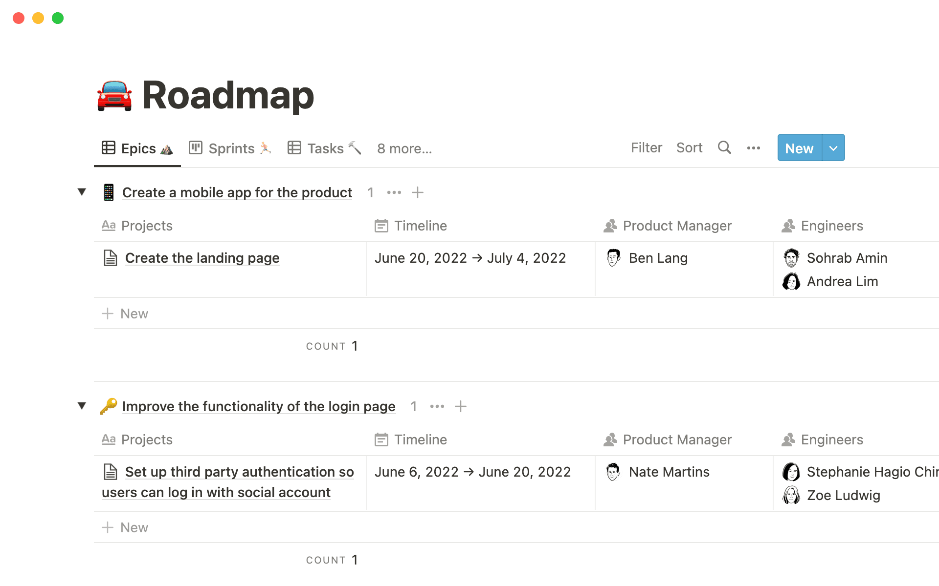 Epics, Sprints, and Tasks in Notion
