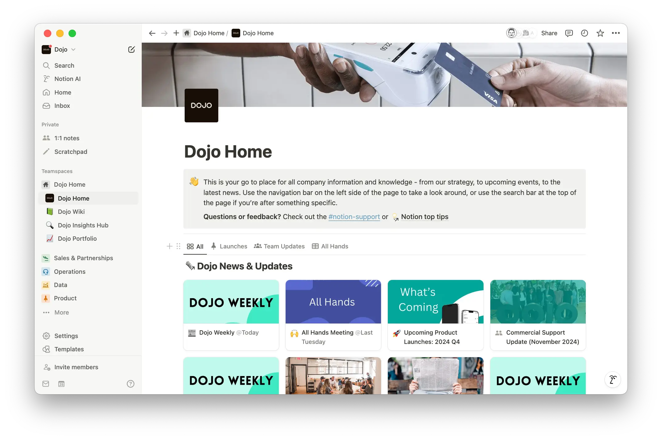 Ved at udgive ugentlige nyhedsbreve og virksomhedsopdateringer direkte i Notion har Dojo forbedret effektiviteten af deres interne kommunikation – hvilket har resulteret i et markant større læsertal og vedvarende engagement i deres forbundne arbejdsområde.