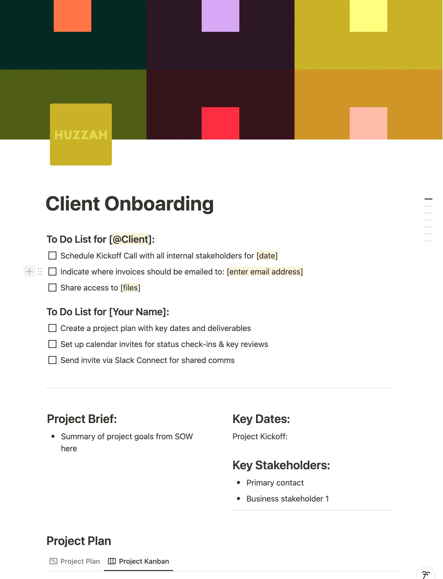 A template Sarah uses to onboard new clients for Huzzah Studios, the hub for her freelance work.