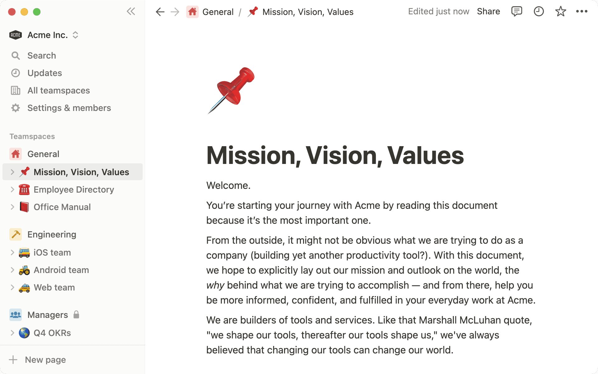 A screenshot of the Notion app with three teamspaces for General, Engineers & Managers.