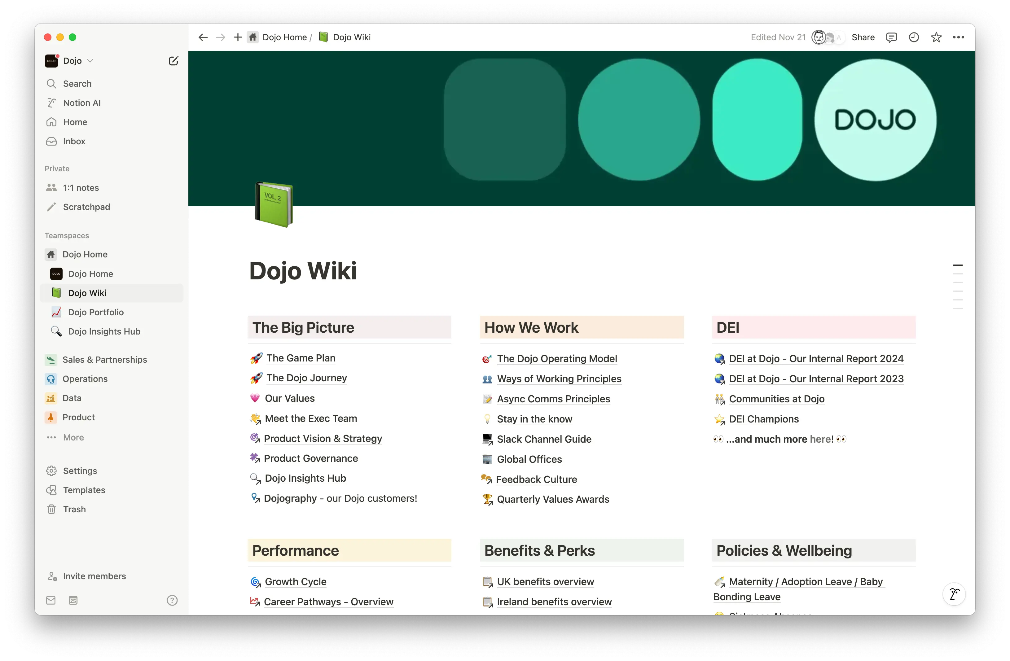 Dojos wiki i Notion fungerer som deres centrale videncenter, hvor teams nemt kan finde, opdatere og dele vigtige virksomhedsoplysninger – og dermed erstatte deres statiske intranet med et dynamisk, søgbart arbejdsområde.