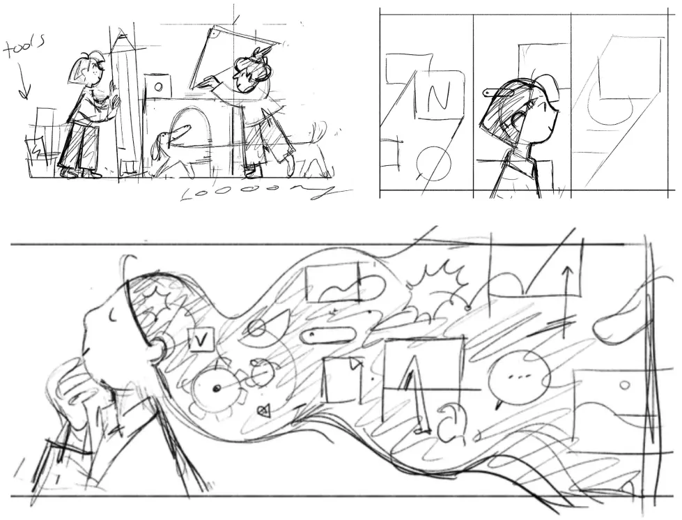 Sketches of Think it. Make it. by Roman Muradov, Notion’s long-time illustrator. A visual representation of the mind at work. If you can think up an idea, you can make almost anything happen.