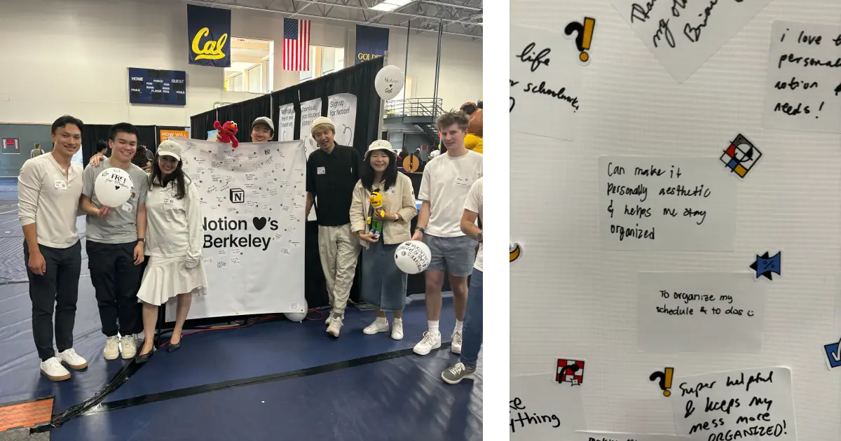 Left: A Notion and Campus Leaders crossover episode—shoutout to @ucbnotion! Right: Our wall of love—students sharing all the ways they use Notion.