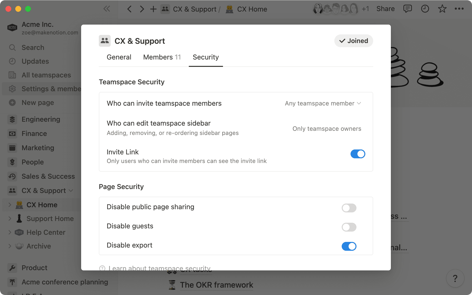 Configure custom security settings for your teamspace to manage external sharing.
