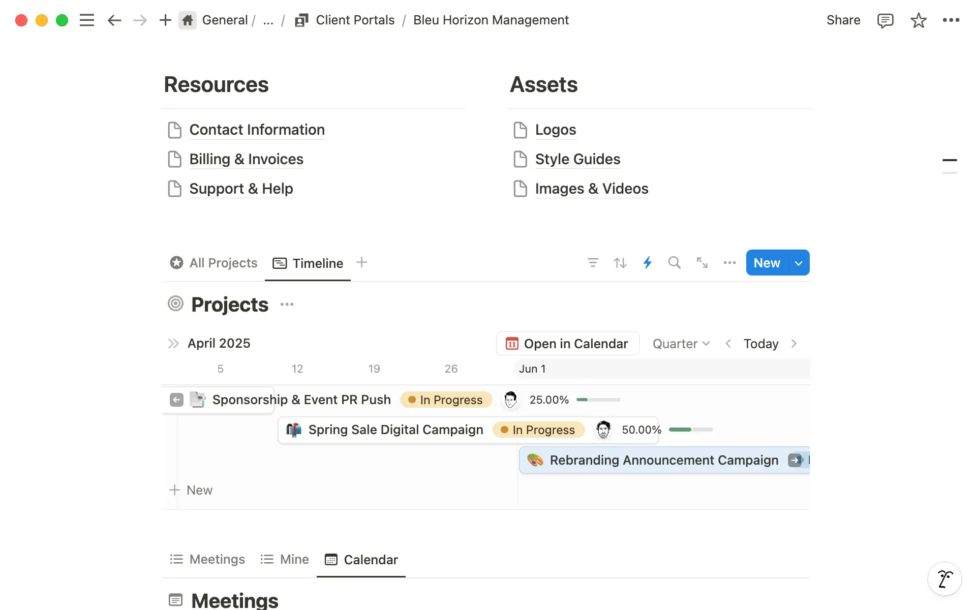 Use the Timeline view to track the lifecycle of marketing campaigns or PR launches.