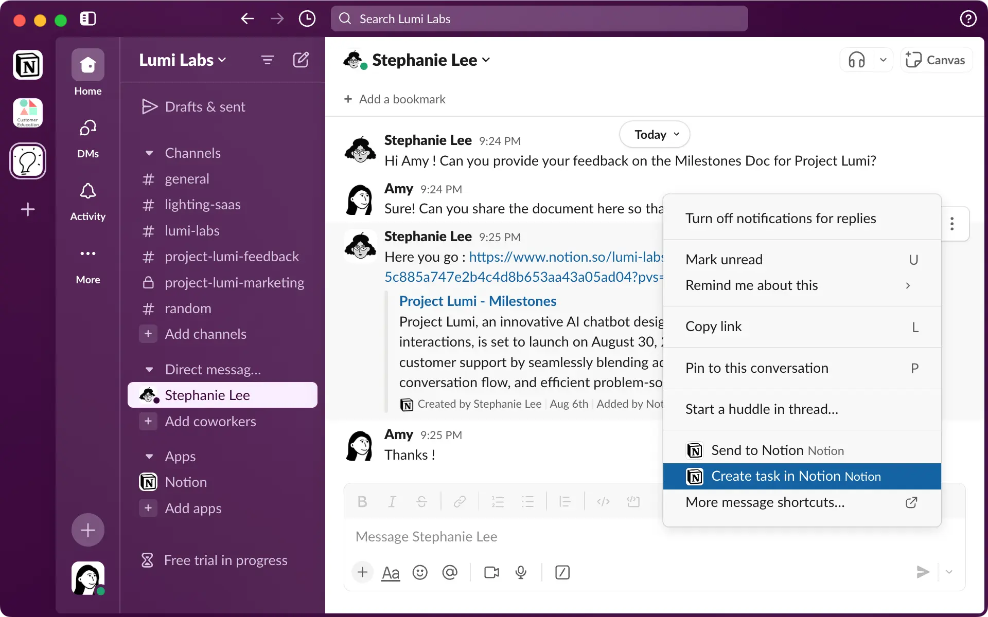 Add a task to a Notion database by selecting 'Create task in Notion'.
