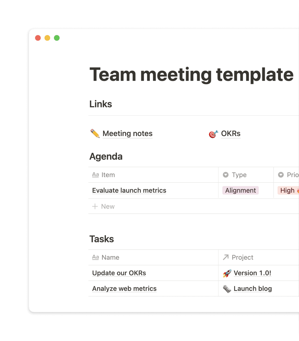 A tried and tested template keeps meetings short, snappy, and action-oriented.
