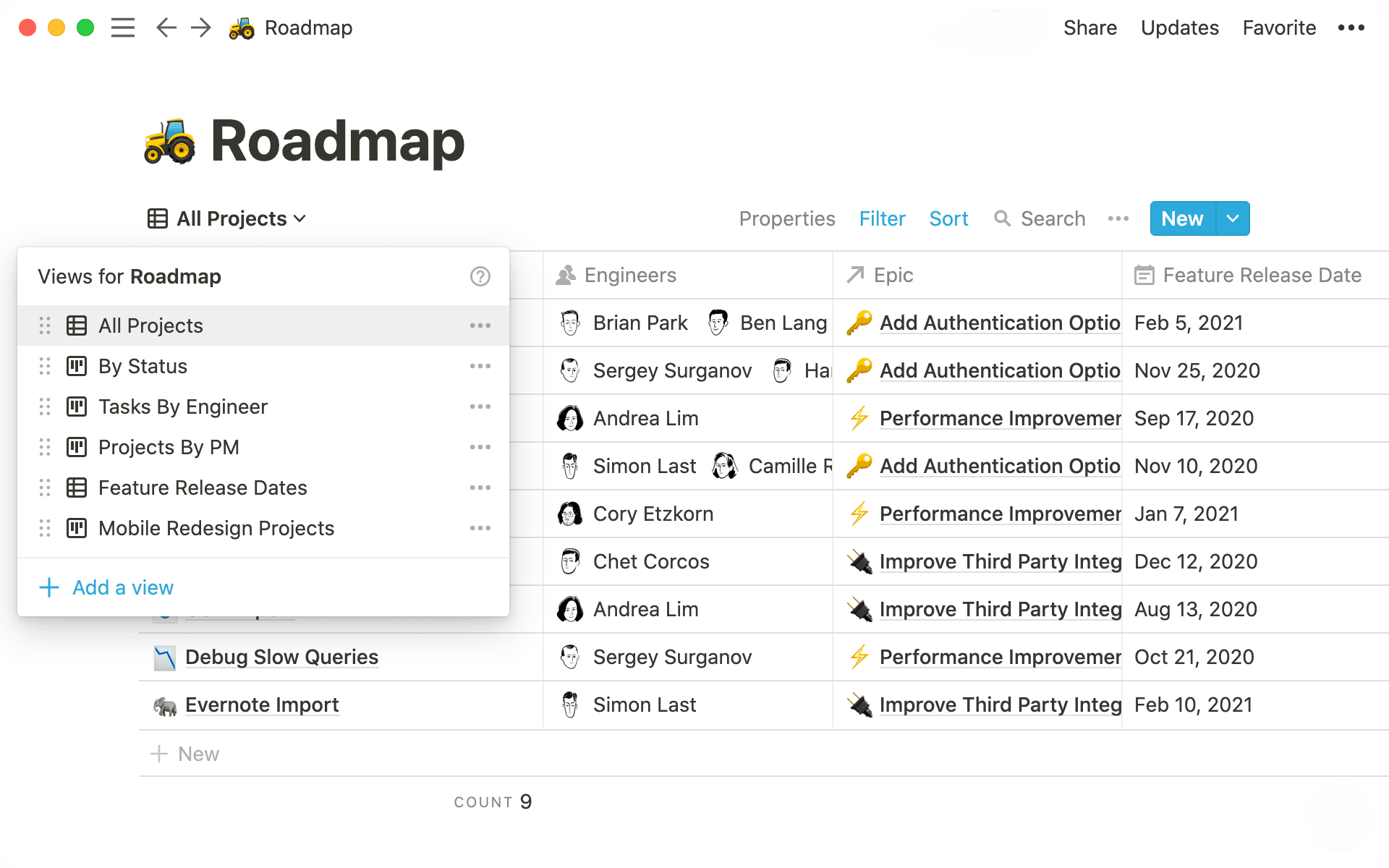 Database views -screenshot