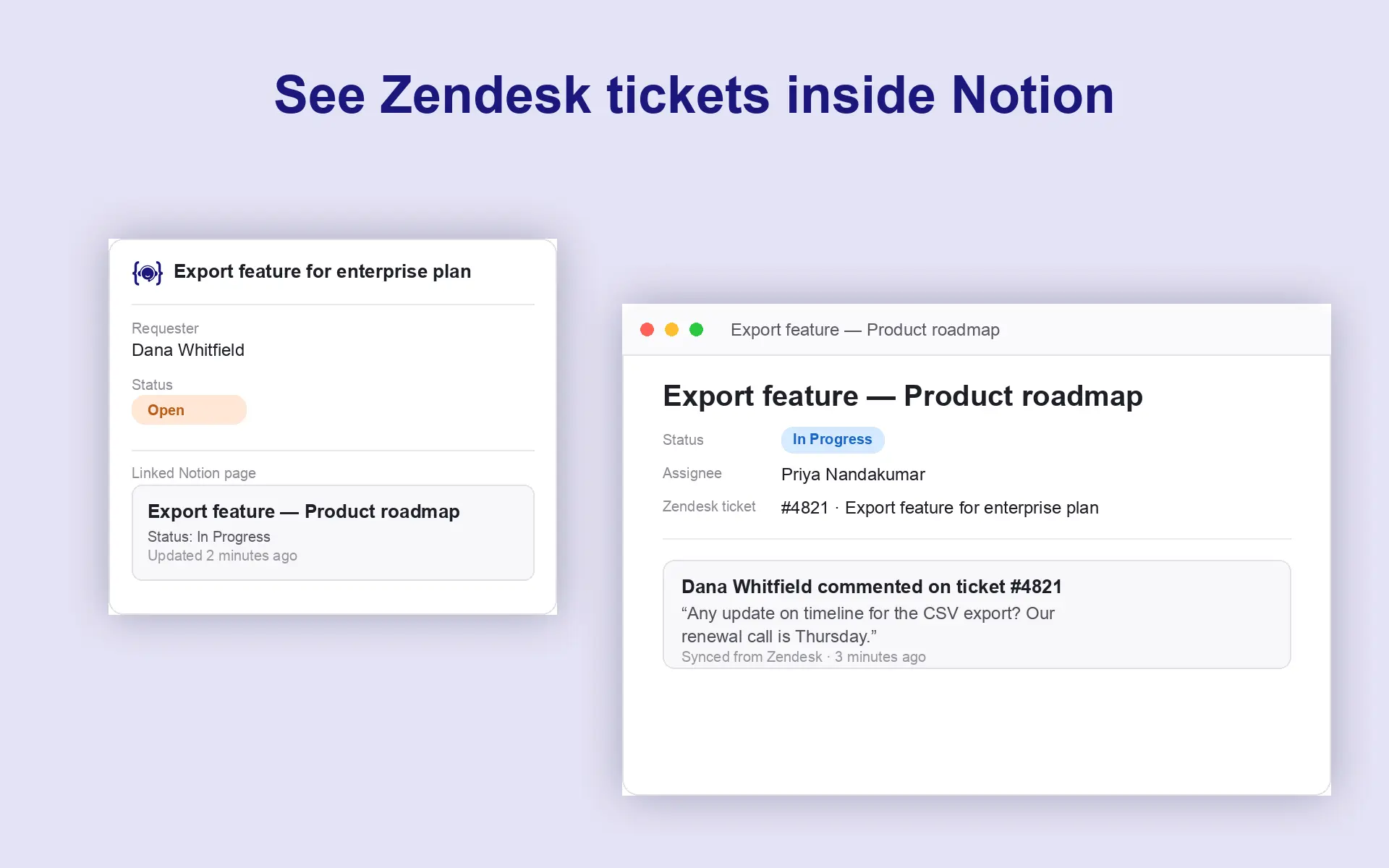 Sync Zendesk tickets to Notion database pages and project docs.