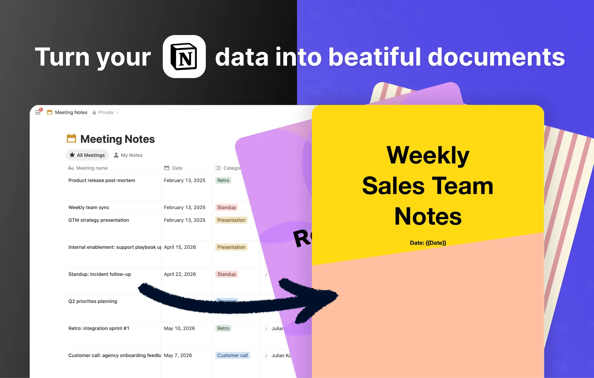 Turn Notion entries into polished PDFs, Google Docs, and signed contracts.